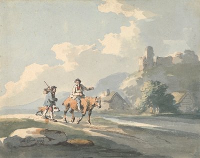 Composition: two travellers and a dog on a road passing cottages, with ruins on a hill by Peter La Cave