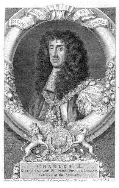 Charles II (1630-85) King of Great Britain and Ireland from 1660, engraved by George Vertue, 1736 by Peter Lely