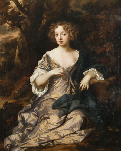 Portrait of a Lady, Seated Full Length, in a Wooded Landscape, Wearing a Violet Silk Dress with White Sleeves and Trimmings by Peter Lely