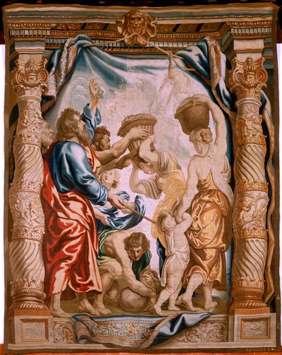 Flemish Tapestry. The Falling of the Manna in the Desert. Series The Triumph of the Eucharist. Third Tapestry in the Series. Model Peter Paul Rubens. 1626-1628 by Peter Paul (after) Rubens