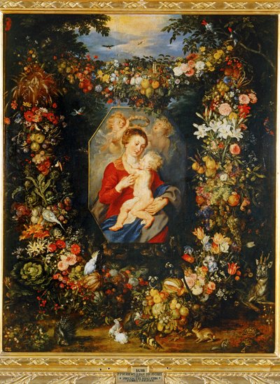 Mary Virgin and Child with Wreath of Flowers and Fruits by Peter Paul & Brueghel Jan (1601 78) Rubens