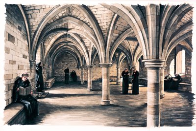 Monks in the Common Room of Battle Abbey, East Sussex by Peter Urmston