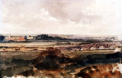 Extensive landscape with a stone bridge by Peter de Wint