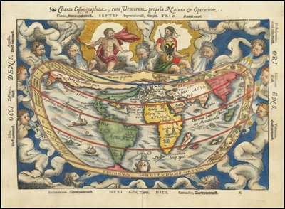 1553 Map - Charta Cosmographica, With the Nature and Operation of Winds by Petrus Apianus