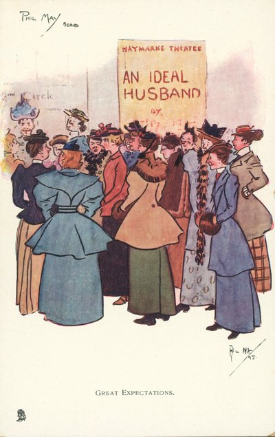 Women gathering outside a theatre to see a production of An Ideal Husband by Phil May