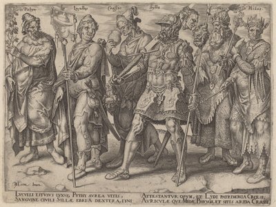 Pythius, Lucullus, Crassus, Sylla, Croesus, Midas (Notorious Examples of Wealth from Antiquity) by Philip Galle, after Maerten van Heemskerck