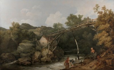 A View Near Matlock, Derbyshire with Figures Working Beneath a Wooden Conveyor by Philippe Jacques de Loutherbourg