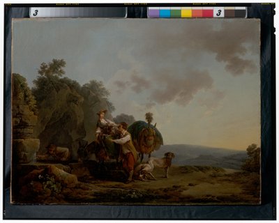 Travellers with Hounds and Heavily Laden Mules at a Well by Philippe Jacques de Loutherbourg