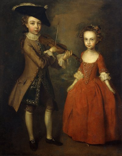 The Archbold Children: A Group Portrait of a Little Boy, Full Length Wearing a Beige Coat, Dark Blue Gold-Embroidered Waistcoat, and Tricorn Hat and Playing a Violin, and His Sister, Full Length, Wearing a Red Dress, with Flowers in Her Hair by Philippe Mercier