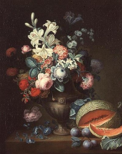 Still life of flowers in a classical vase with a cut melon by Philippe Parpette