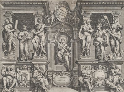 Allegorical thesis print with various figures, set in an architectural structure by Philippe Thomassin