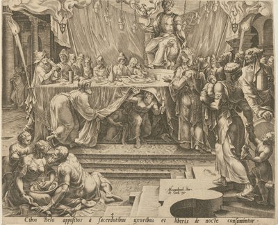 Priest of Bel Eating and Drinking in the Temple [Sheet 4] and Daniel Feeding the Dragon [Sheet 7], Sheets 4 and 7 from the Series "The Story of Daniel, Bel, and the Dragon" by Philips Galle