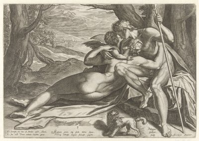 Venus and Adonis with Cupid by Philips Galle