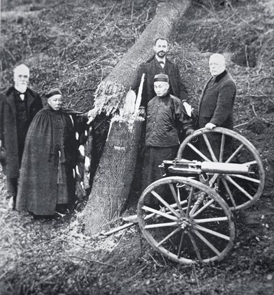 Hiram Maxim demonstrating the power of his gun to Chinese government officials by Photographer English
