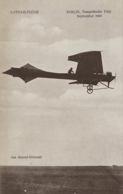 French aviator Hubert Latham flying over Tempelhof airfield, Berlin, September 1909 by Photographer German