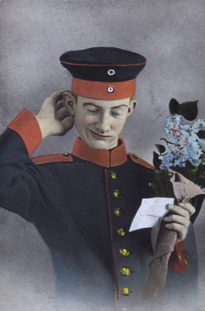 German Soldier Holding a Note and a Bunch of Flowers by Photographer German