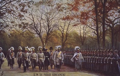 Kaiser Wilhelm II inspecting German soldiers on parade by Photographer German