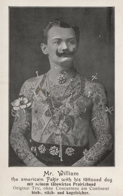 Mr William, the American Fakir with his tattooed dog by Photographer German