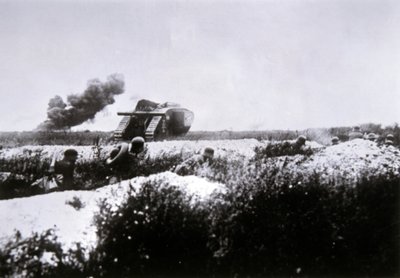 WWI German Stormtroopers Armed with Flamethrower Advance, Supported by a Captured British Mark IV Tank by Photographer German