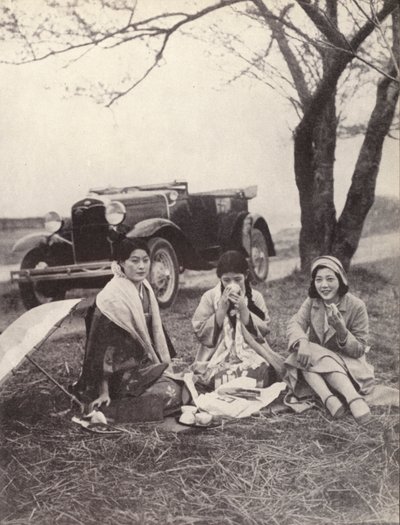 Japanese Women at a Picnic Wearing Western Clothes by Photographer Japanese