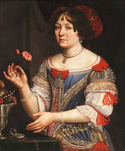 Portrait of a Lady, three-quarter length, in a Blue and Red Embroidered Dress by Pier Francesco Cittadini