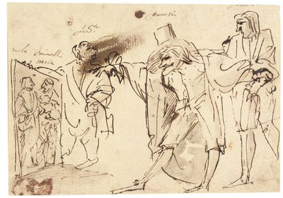 Caricature of the Artist Presenting a Picture of Himself and Simonelli to the Collector Panesio and Another Spectator by Pier Francesco Mola