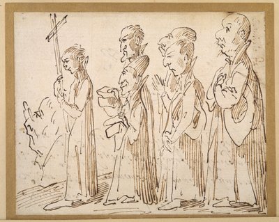 A Jesuit procession, caricatured with a crucifer, and five others following; an additional man