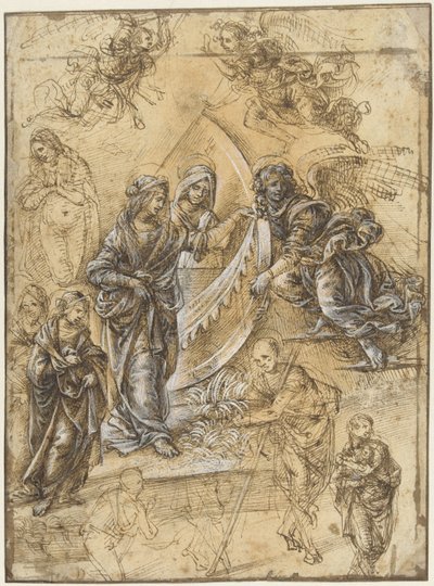 Study Sheet with the Virgin Mary, Saints, Angels and Figures from the Adoration of the Magi by Piero di Cosimo (attributed to)