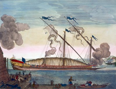 A Royal Galley rowed by slaves, firing a signal, from 