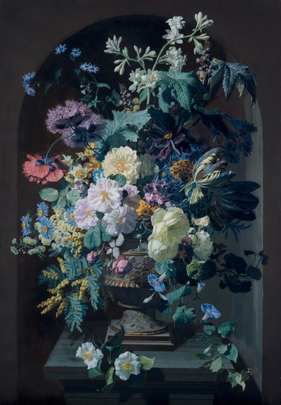 Vase of Flowers with Mimosas and Vase of Flowers with Grape Bunch (Pair) by Pierre Adrien Chabal Dussurgey