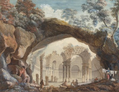 Architectural Fantasy: Ruins of a Circular Temple Seen through a Natural Arch by Pierre Adrien Paris
