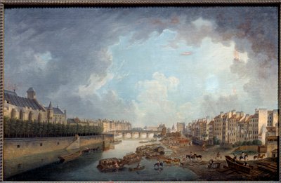 The arch, the bridge of the Tournelle and the Quai Saint Bernard seen from the hotel dieu. View of Paris by Pierre Antoine Demachy