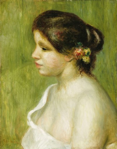 Bust of a Young Girl with Flowers Decorating her Ear by Pierre Auguste Renoir