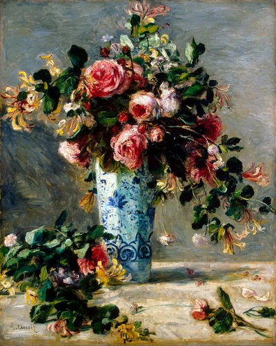 Roses and Jasmine in a Delft Vase by Pierre Auguste Renoir