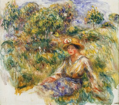 Woman in a Blue Hat sitting on the Grass by Pierre Auguste Renoir