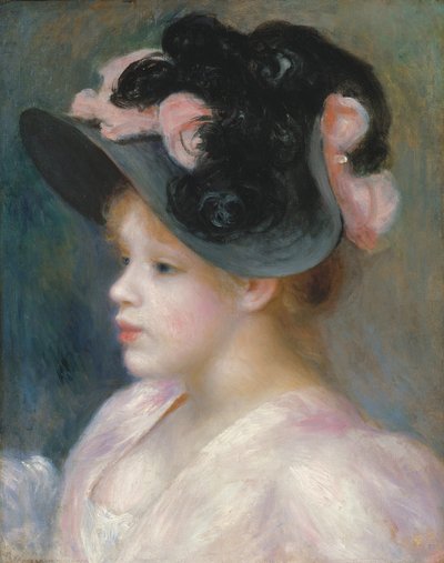Young Girl in a Pink-and-Black Hat by Pierre Auguste Renoir