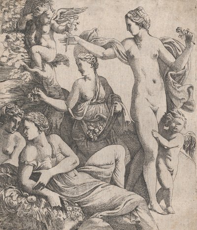 Venus, standing with the three Graces, is offered a flower from a putto, 1607-61 by Pierre Biard