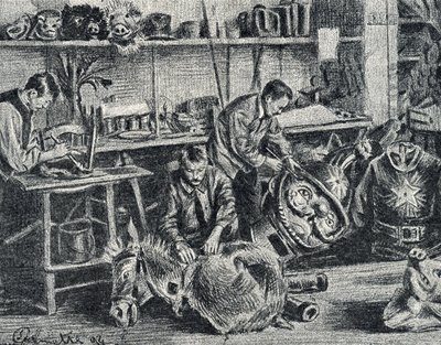 Workshop of theater and shows accessories production Engraving from Pierre Calmette Private Collection by Pierre Calmettes