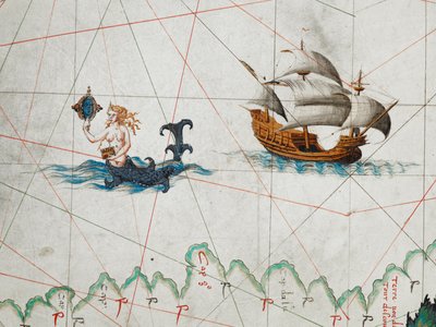 A detail of a siren admiring herself in a mirror and a ship to her east in the Southern Ocean, from a Map of the World, 
