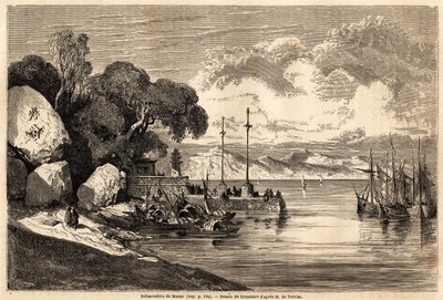 The Barcadere de Macau, drawing by Grandsire to illustrate the journey to China and Japan, in 1857-1858, of M. de Moge. Engraving in 
