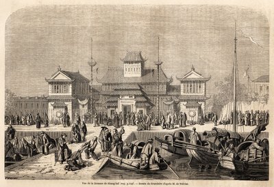 The Shanghai Customs Building, drawing by Grandsire, to illustrate the voyage to China and Japan, in 1857-1858, of the Marquis de Moges. Engraving in Le tour du monde, nouveau journal des voyages Paris by Pierre Eugene Grandsire