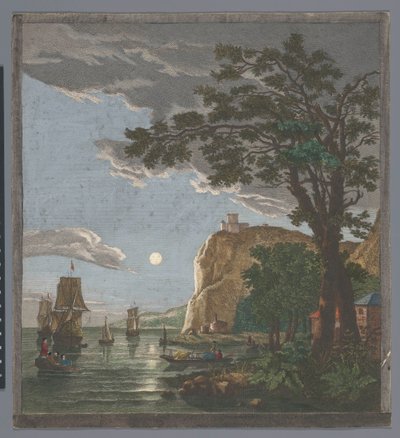View of a Coast with Ships and Boats on the Water by Moonlight by Pierre François Basan