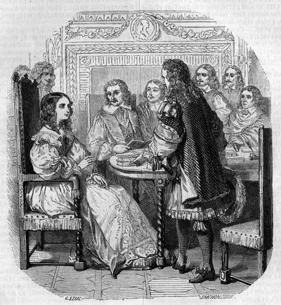 Visit of Queen Christine of Sweden to the Academy Francaise in Paris in the presence of Cardinal Richelieu. Engraving by G. Staal by Pierre Gustave Eugene Staal