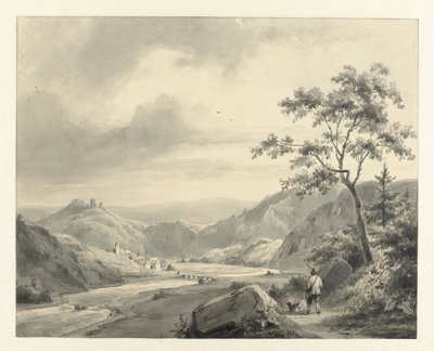 Hilly Landscape with Hunter and Dog on Path by Pierre Louis Dubourcq