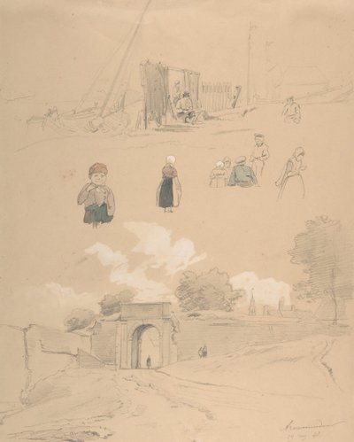Study Sheet with Figures and Landscapes at Arnemuiden near Middelburg by Pierre Louis Dubourcq