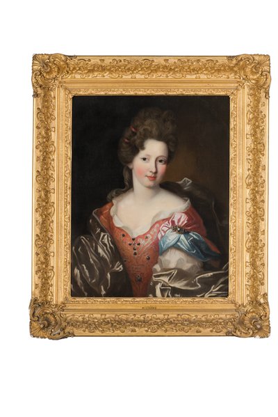 Portrait of Madame Valentinous, Half-Length, in a Red Embroidered Dress with a Blue and Grey Wrap by Pierre Mignard