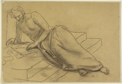 Man reclining on steps, reading, study for A Philosopher, for Boston Library by Pierre Puvis de Chavannes