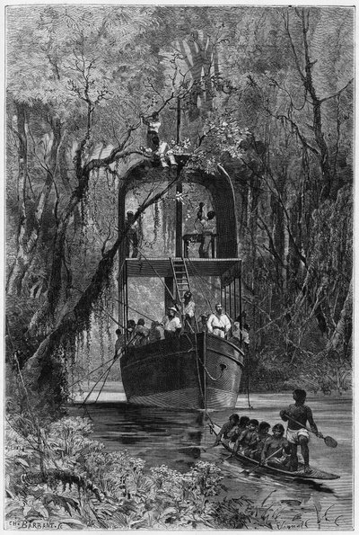 A flooring boat, borrowed by the explorer, to descend the upper Samiria (Peru). Engraving by Vignal, to illustrate the story 
