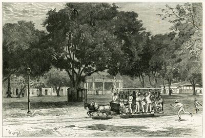 Tram, shooting by horses, in the port of Para (Brazil), on the largo of Nazareth. Engraving by Vignal, to illustrate the story Amazon and Cordilleres by Pierre Vignal