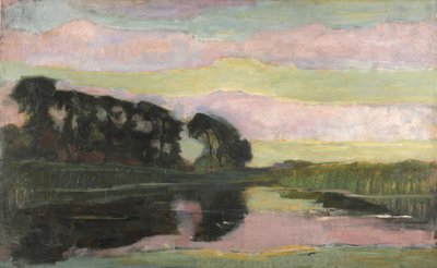 River Landscape with Pink and Yellowgreen Sky by Piet Mondrian